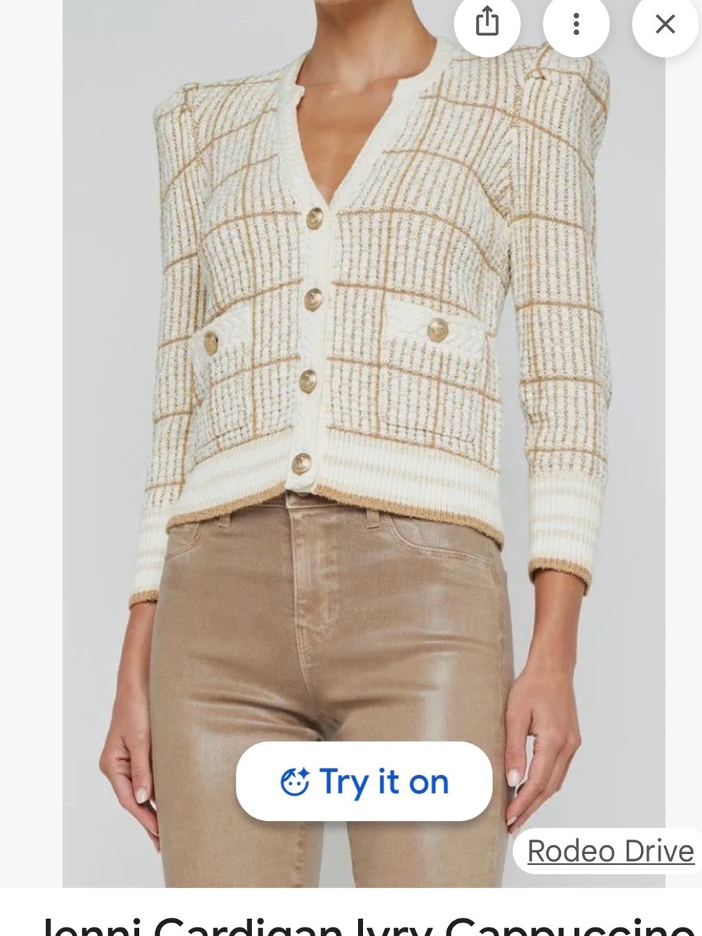 L'AGENCE Ivory & Cappuccino Windowpane Knit Cardigan